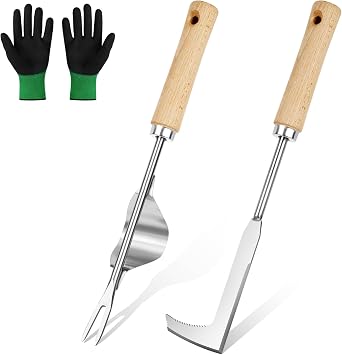 3 Piezas Desherbador Manual, Herramientas de Deshierbe, Acero Inoxidable, Kit Jardinería, Desherbador de Raíces, Mango de Madera, Mango Ergonómico, para Excavar Deshierbar Trasplantar