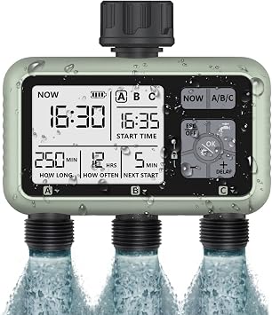 3 Salidas Programador Riego Automático,Johgee Programador de riego, Sistema de riego Controlador/Modo de Bloqueo para niños/Modo automático y Manual/Retraso por Lluvia / IPX5 a Prueba de Agua