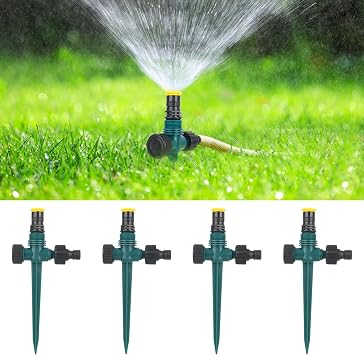 4 aspersores de césped con estaca y 4 boquillas tándem, ajustables 360°, riego automático, aspersor de jardín, riego para jardín, césped, plantas, riego