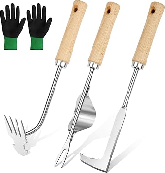 4 PCS Desherbador Manual, Herramientas de Deshierbe, Acero Inoxidable, Kit Jardinería, Desherbador de Raíces, Mango de Madera, Mango Ergonómico, para Excavar Deshierbar Trasplantar