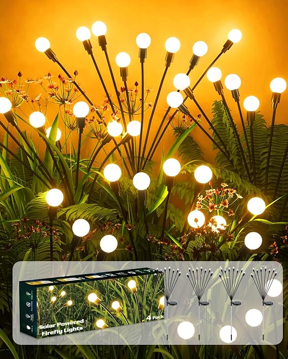 4 Piezas Luces Solares de Luciérnaga, 8 LED Luz Solar Exterior Jardin Decorativa IP65 Impermeable Blanco Cálido, Luces Luciernagas Solares para Jardín Decoración Nocturna Patio Balcón