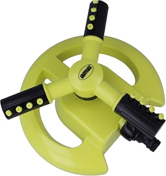 Amig - Aspersor Giratorio con 3 Boquillas - Para Sobreponer en el Césped - Ø200 x 100 mm - 3 Brazos Giratorios y Conector Rápido - Superficie hasta 63,5 m² - Plástico ABS - Verde Pistacho y Negro