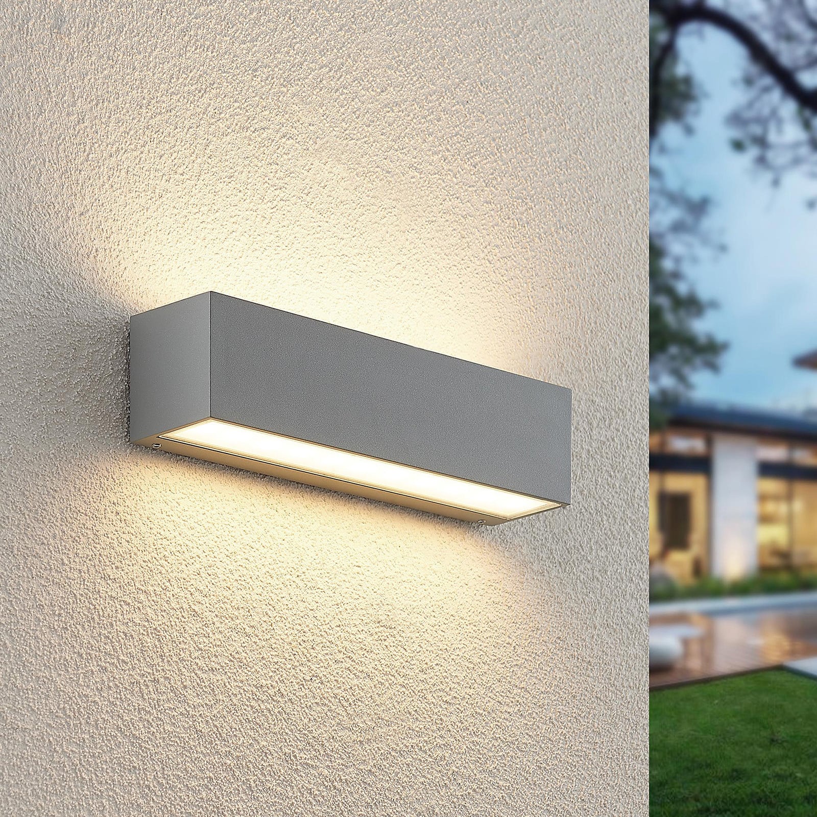 Aplique LED para exterior Lengo, luz hacia arriba/abajo, L25, plateado - Lucande - Balcón - Moderno - Aluminio - Angular