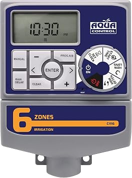 Aqua Control C1116 Programador de Riego Automático para Jardín con Transformador y pantalla LCD, Apto para hasta 6 Zonas de Riego