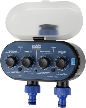 Aqua Control C4011 - Programador de Riego para Jardín - para Todo Tipo de Grifos - con 2 Salidas Independientes, Negro, Azul