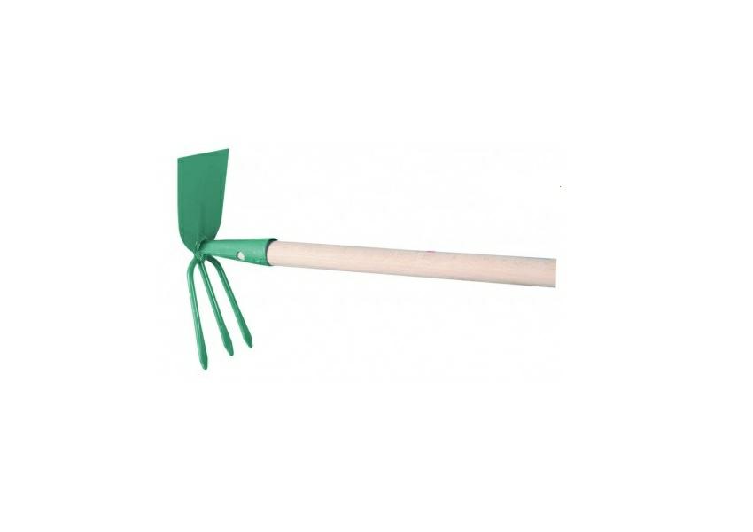 Azada de jardín doble con 3 dientes, acero al carbono, mango de madera, 118 cm