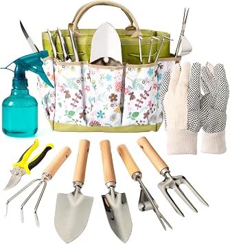 Bamworld Juego de Herramientas de Jardinería 9 Piezas, Kit Jardinería y Set Jardín de Acero Inoxidable con Bolsa, Guantes, Pulverizador, Pala, Tijeras de Podar, Rastrillo para Macetas y Huerto