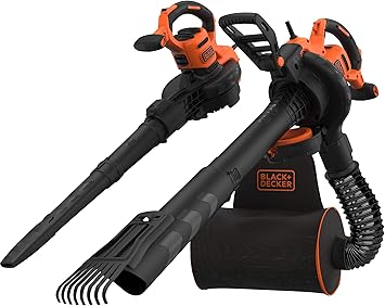 BLACK+DECKER BEBLV301 Aspiradora Eléctrica 3-en-1 y Soplador de Hojas Trituradora con Rastrillo Acoplable y Mochila de 72L Alta Velocidad de Soplado y Potencia de Succión Ajustable de 3000W