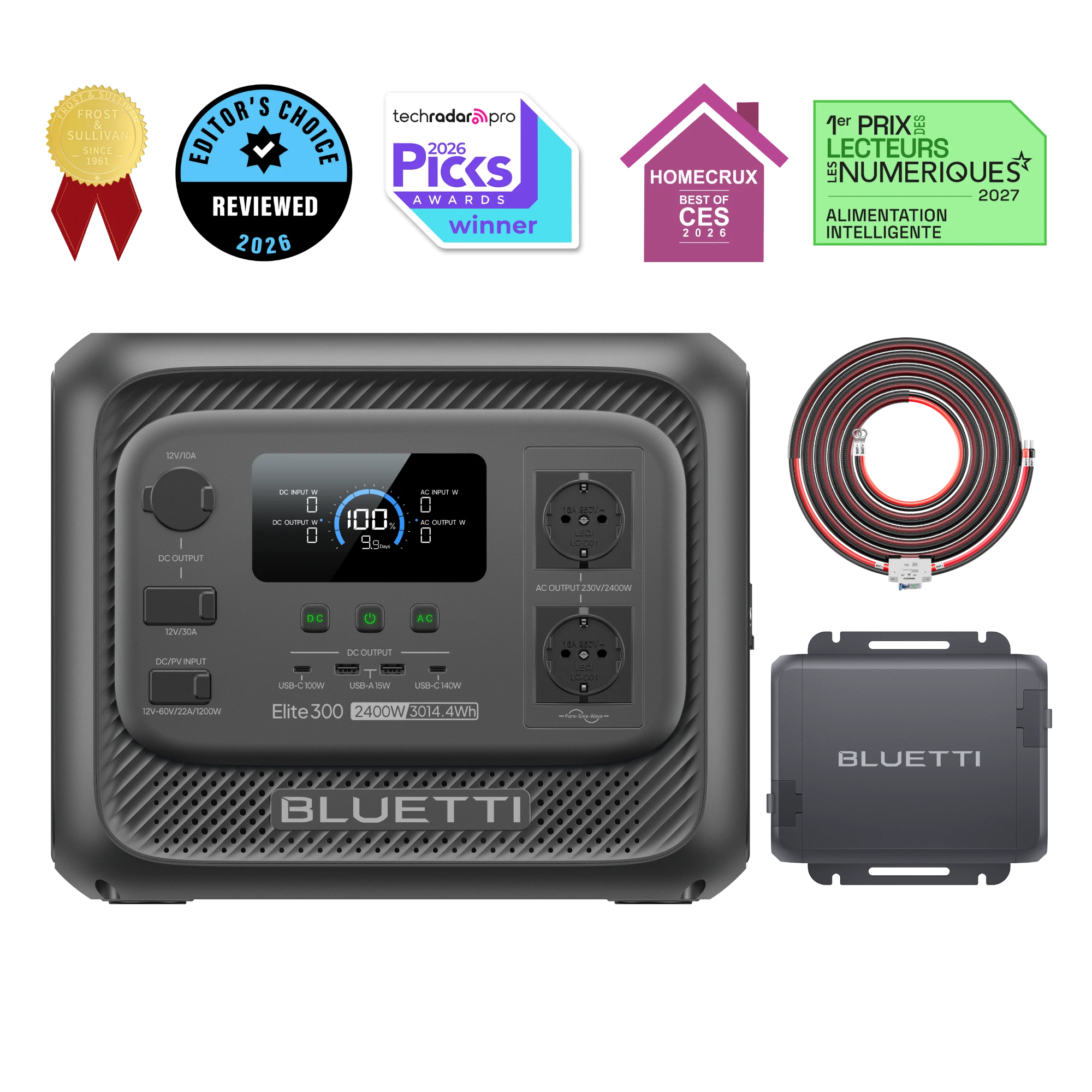 BLUETTI Elite 300+Charger 1 Elite 300 + Charger 1 + Cables de entrada de CC | 2.400 W, 3.014,4 Wh | Cargador de Alternador de 560 W