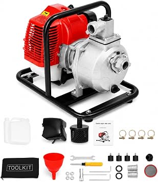 Bomba De Agua Gasolina, 1,25kW Motobomba De Agua A Gasolina, Bomba De Agua Sumergible, Motor 2 Tiempos, Motobomba para Riego y Jardín (Rojo/Negro)