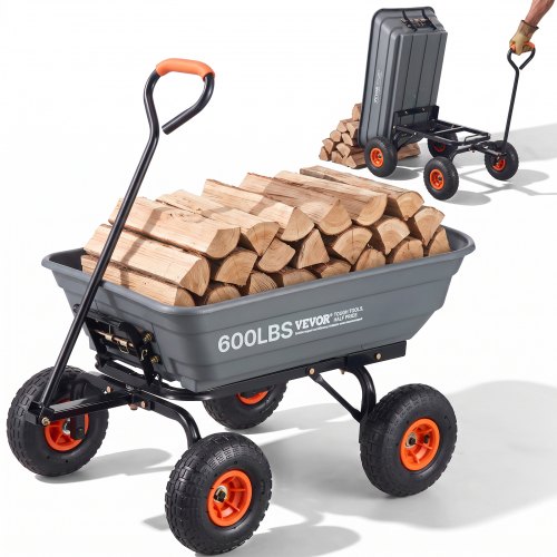 Carro volquete VEVOR, carro volquete de polietileno para jardín con marco de acero fácil de montar, carro volquete con mango convertible 2 en 1, carretilla utilitaria de 600 libras de capacidad, neumáticos de 10 pulgadas