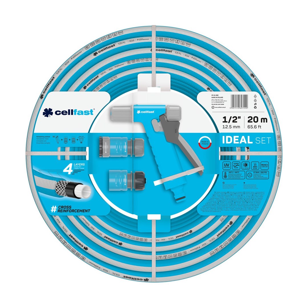 Cellfast IDEAL Set Manguera de Jardín Aspersor Pistola Acoplamiento Rápido - Tope Acoplamiento Rápido - Pasaje Acoplamiento Universal con Rosca Interna G3/4" - G1" 27 Bar, -20/+60° 1/2", 20m