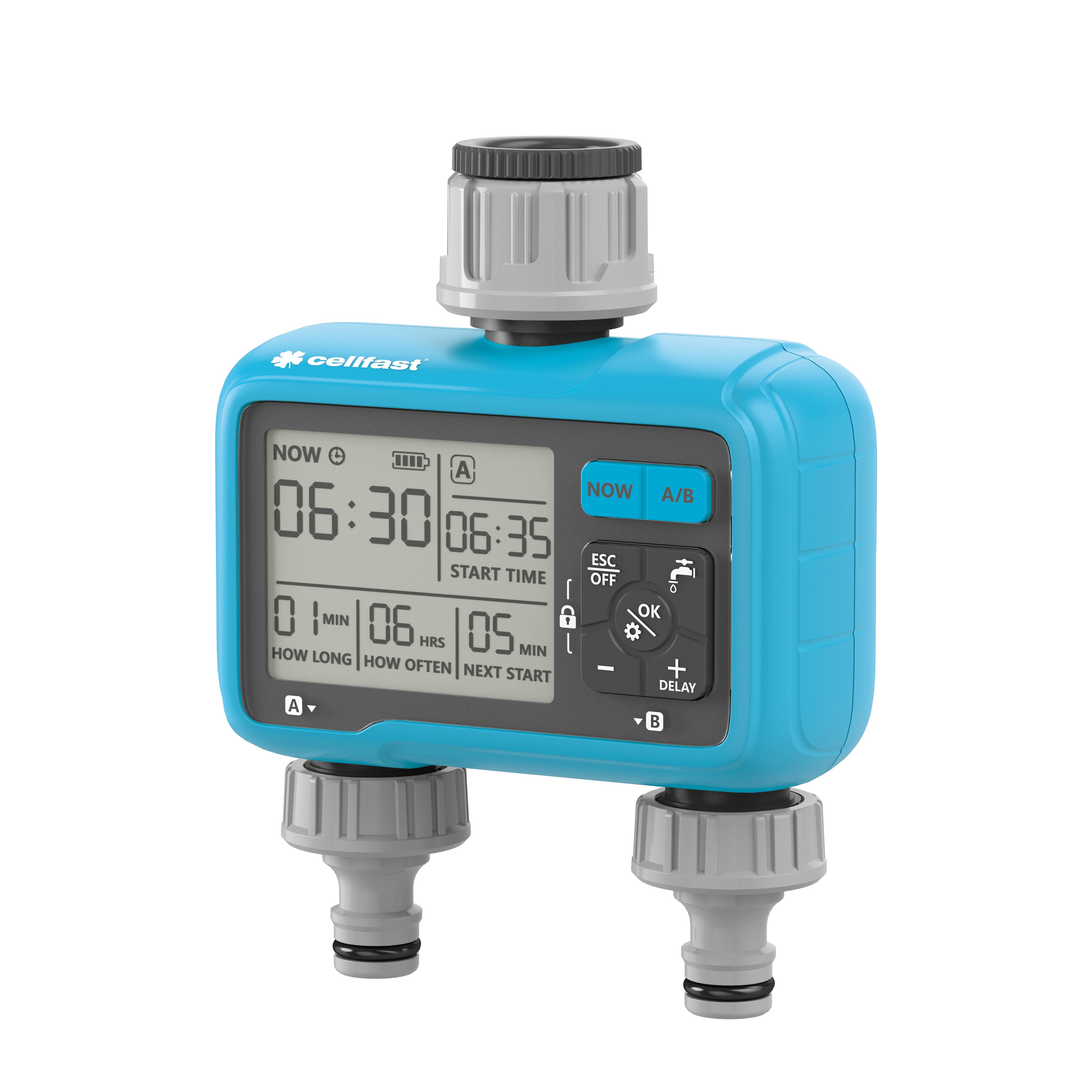 Cellfast Ordenador de rociado digital Chronos CellPro con 2 zonas, ordenador de riego automático, temporizador de agua para jardín, IPX5, 3 programas, modo manual, 6 bar