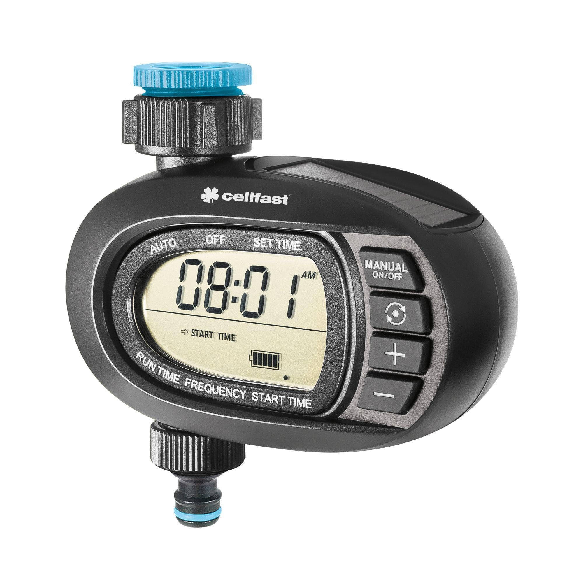 Cellfast Programador de riego Solar Ergo™ Pantalla legible, Batería de Litio, Recargable con energía Solar, Programación de riego intuitiva, G3/4" i G1, 52-590
