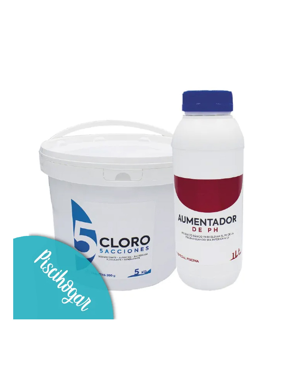 Cloro 5 acciones sin Cobre compacto 5kg + Aumentador de pH 1 lt