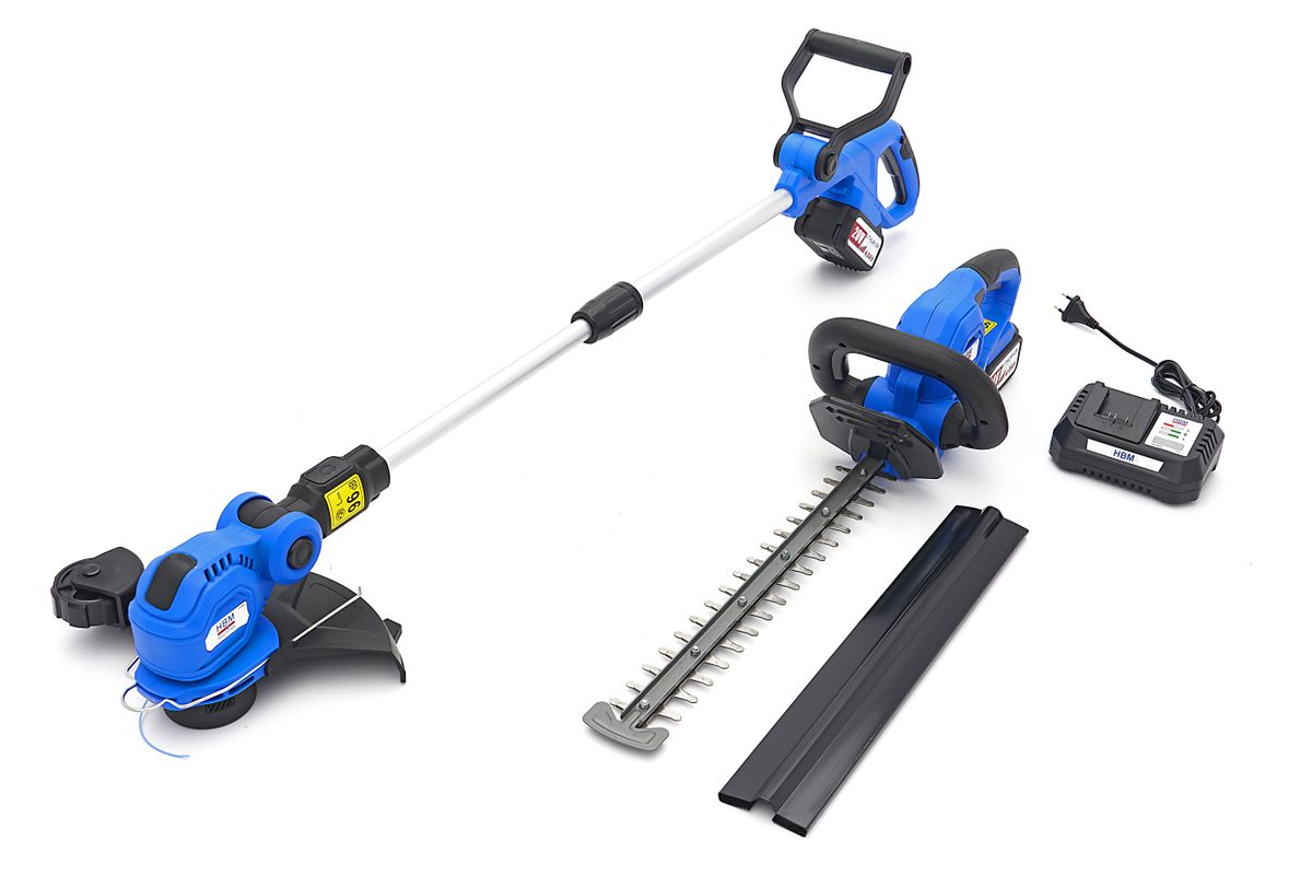 Conjunto de cortasetos y desbrozadora HBM 20V- 4.0Ah, incluyendo 2 baterías