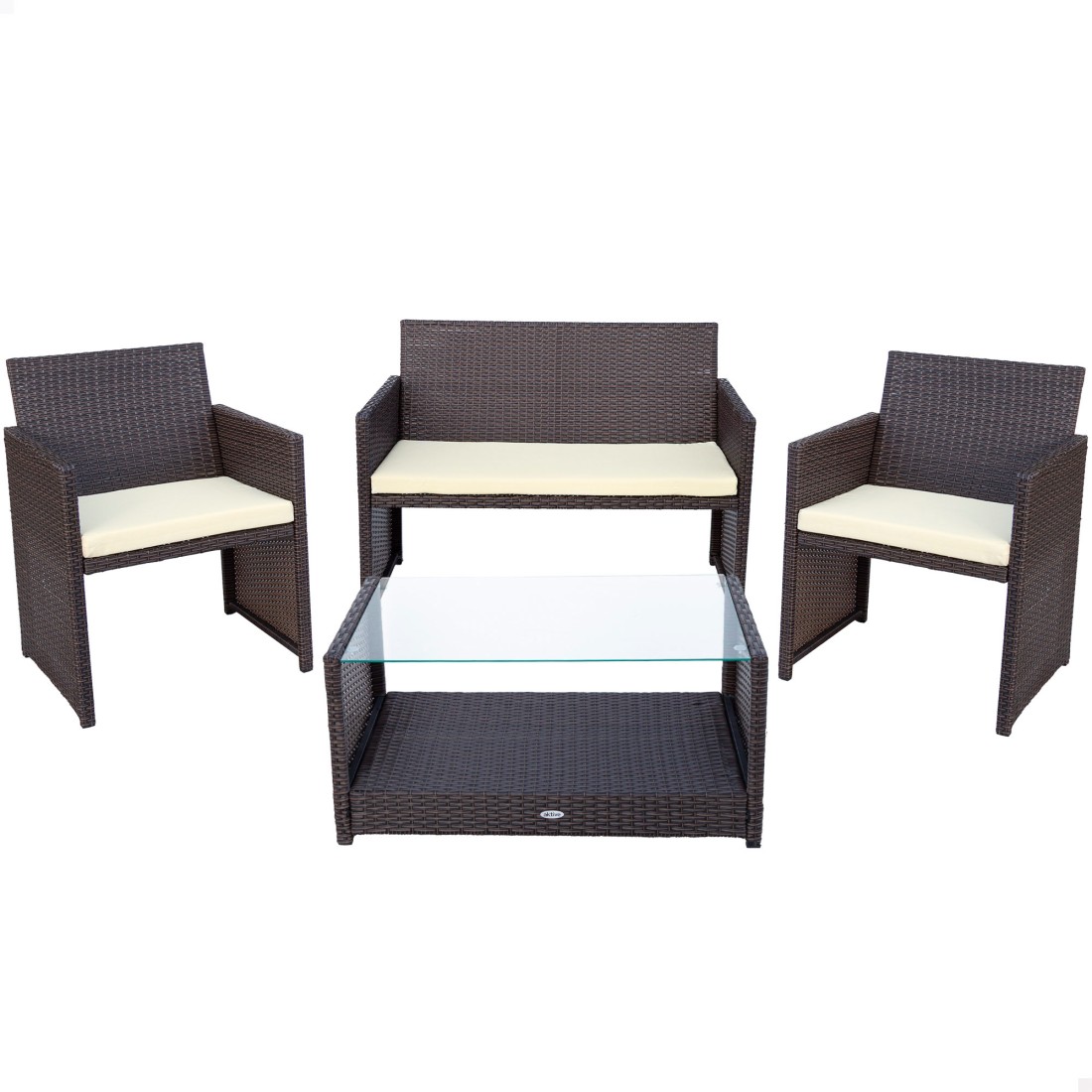 Conjunto mesa baja con balda, 2 sillas y 1 sofá jardín ratán