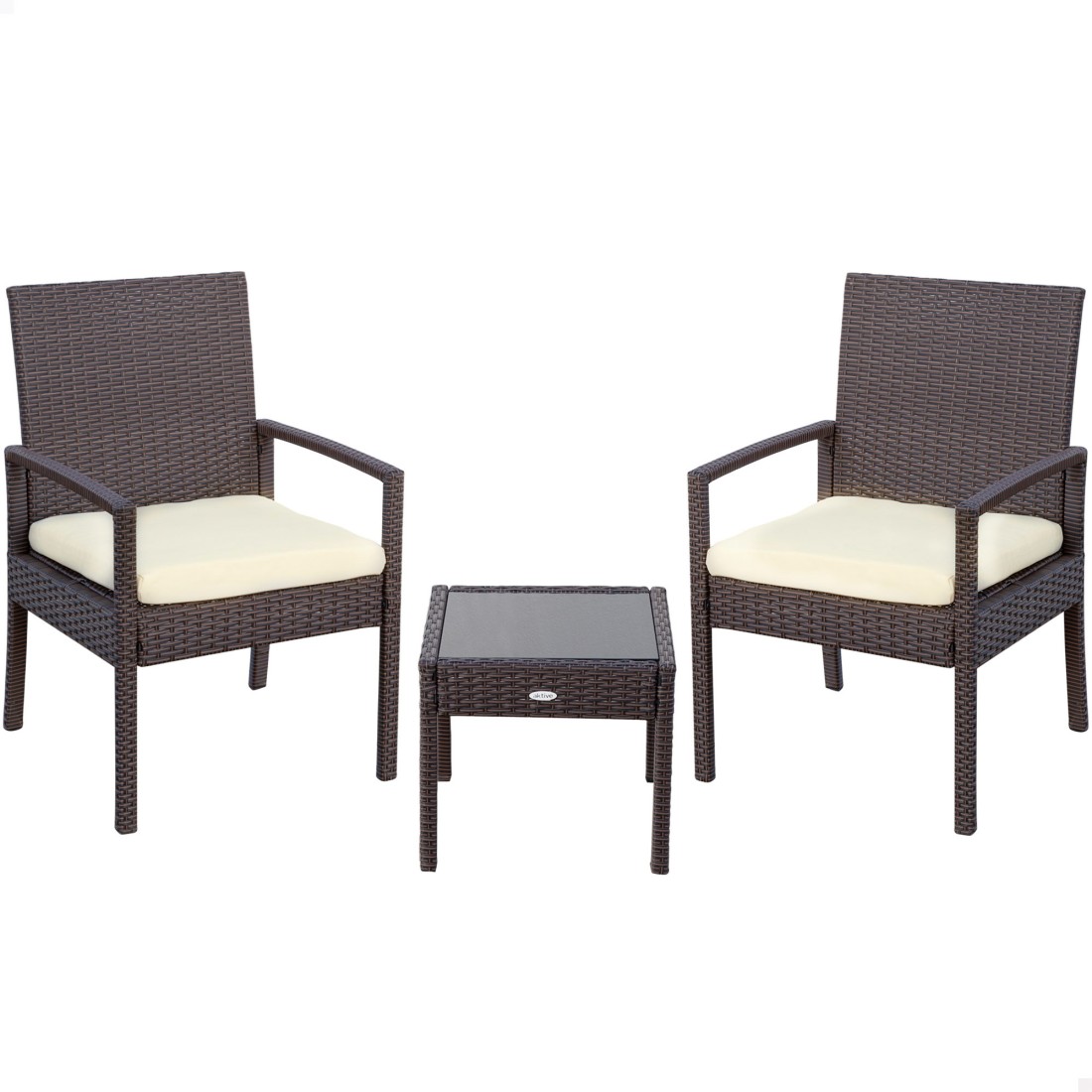 Conjunto mesa pequeña y 2 sillas jardín ratán