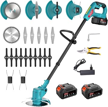 Cortabordes a Batería, Desbrozadora 700W con 2X 4.0Ah Baterías, Ancho de Corte 15cm Plegable, 3-en-1 Cortacésped & Motosierra, 1.7kg Ligero para Jardín