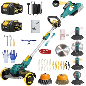 Cortabordes Inalámbrico 21V, Compatible con Baterías Makita, Desbrozadora con Cepillo para Maleza, 2 Baterías de 4.0Ah Incluidas, Motor sin Escobillas de 900W para Césped, Jardín, Patio (Azul)