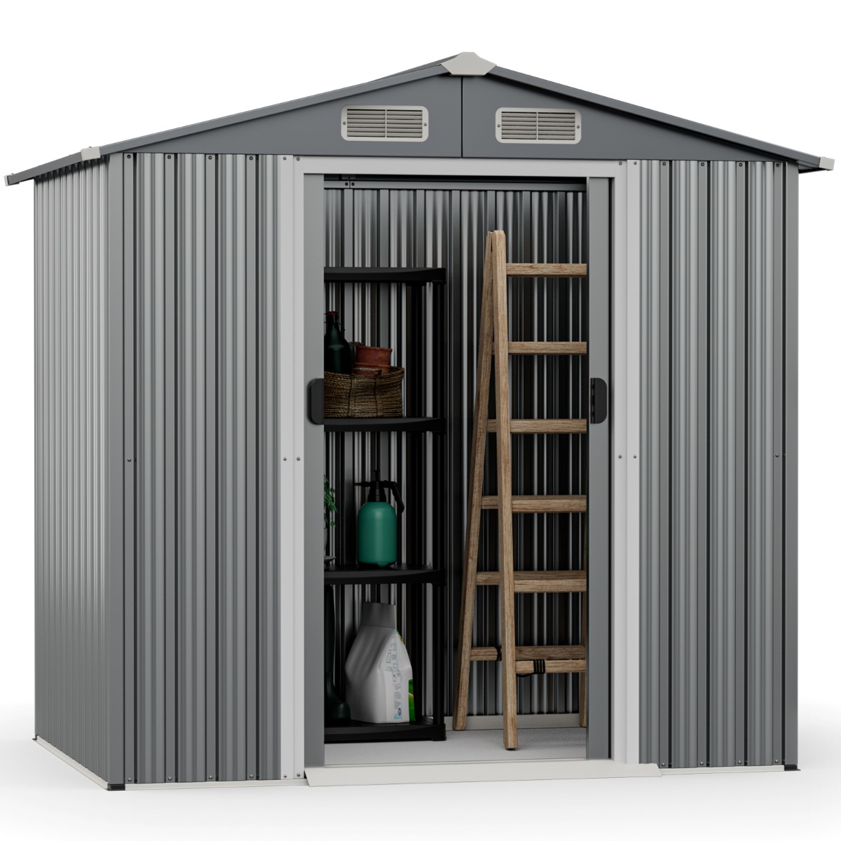 Costway 196 x 142 cm Cobertizo de Almacenamiento para Exteriores con 4 Ventilaciones Puertas Rampa Guantes Organizador de Herramientas Gris