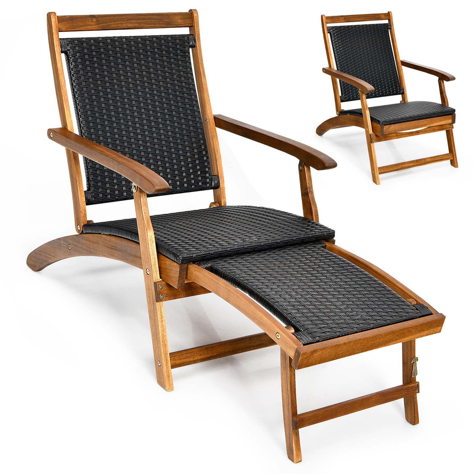 Costway 2 en 1 Tumbona Plegable de Ratán PE y Madera de Acacia con Reposapiés Retráctil Respaldo y Reposabrazos para Patio Jardín Piscina