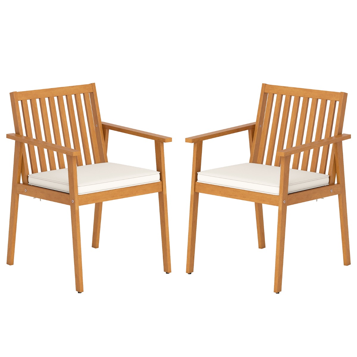 Costway 2 Sillas Comedor Exterior Madera de Acacia con Cojín Removible y Reposabrazos 180kg Capacidad Marrón y Blanco