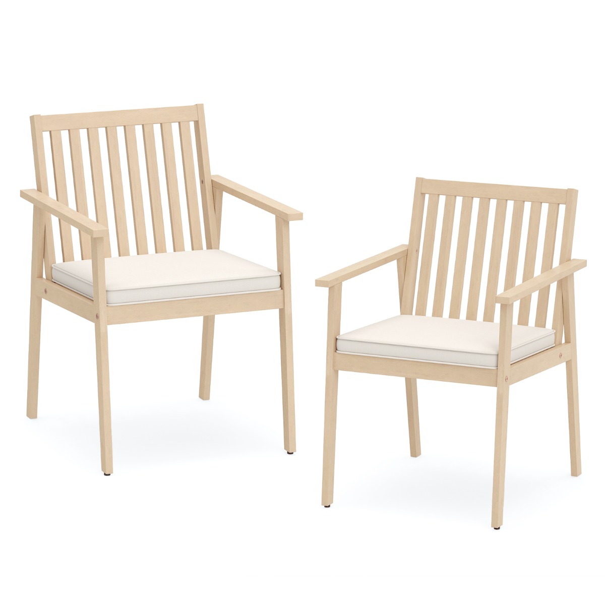 Costway 2 Sillas Comedor Patio Madera Acacia Exterior Cojín Removible Reposabrazos Carga 180kg Muebles Bistró Natural y Blanco