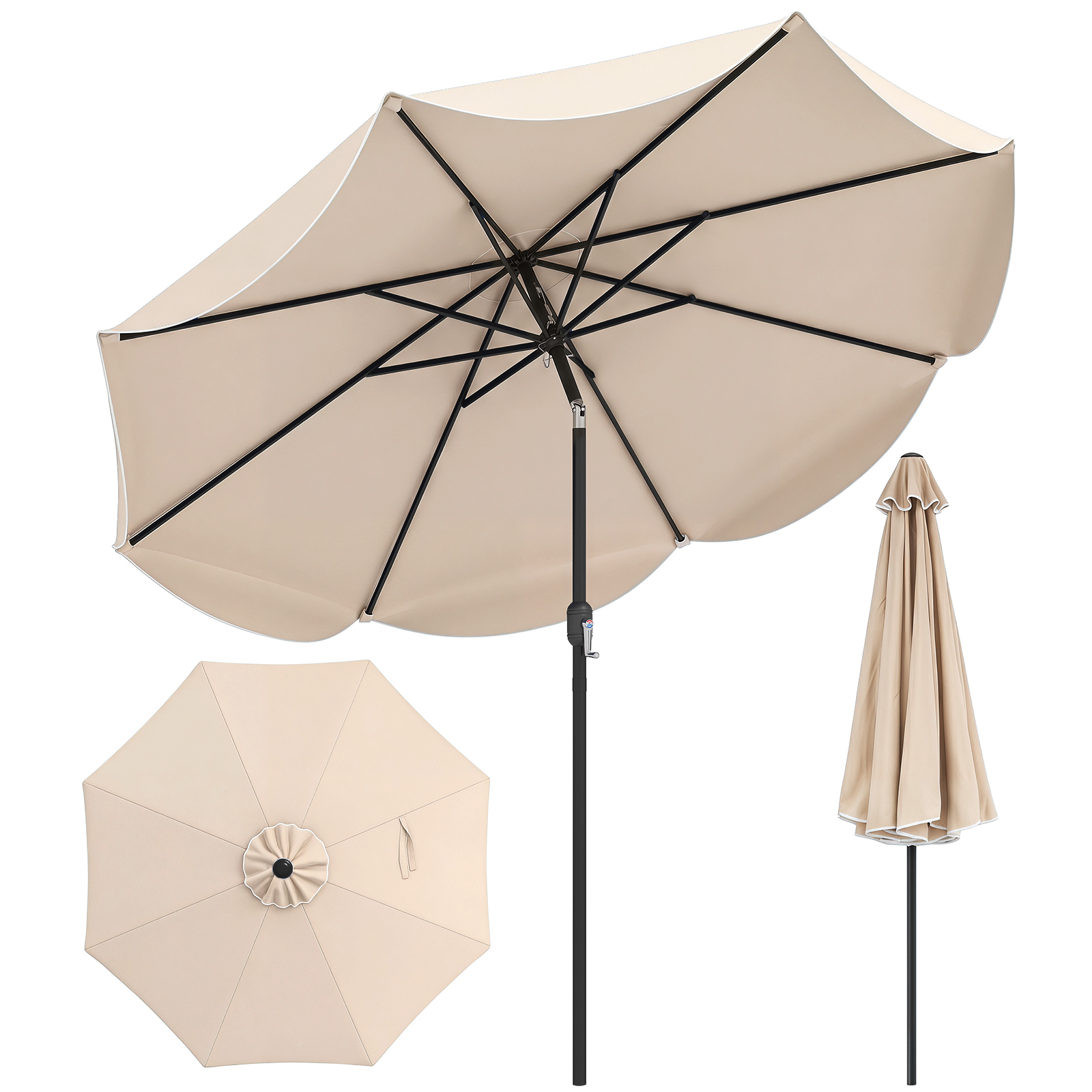 Costway 270cm Sombrilla Terraza Exterior con Inclinación Bidireccional 30° 8 Varillas Metálicas Manivela Volantes Decorativos para Patio Beige