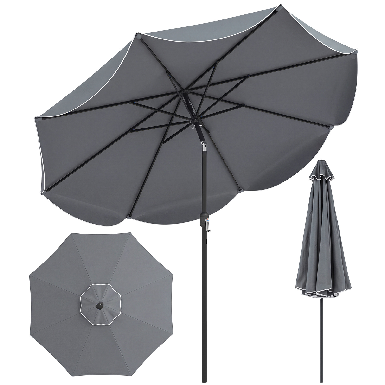 Costway 270cm Sombrilla Terraza Exterior con Inclinación Bidireccional 30° 8 Varillas Metálicas Manivela Volantes Decorativos para Patio Gris