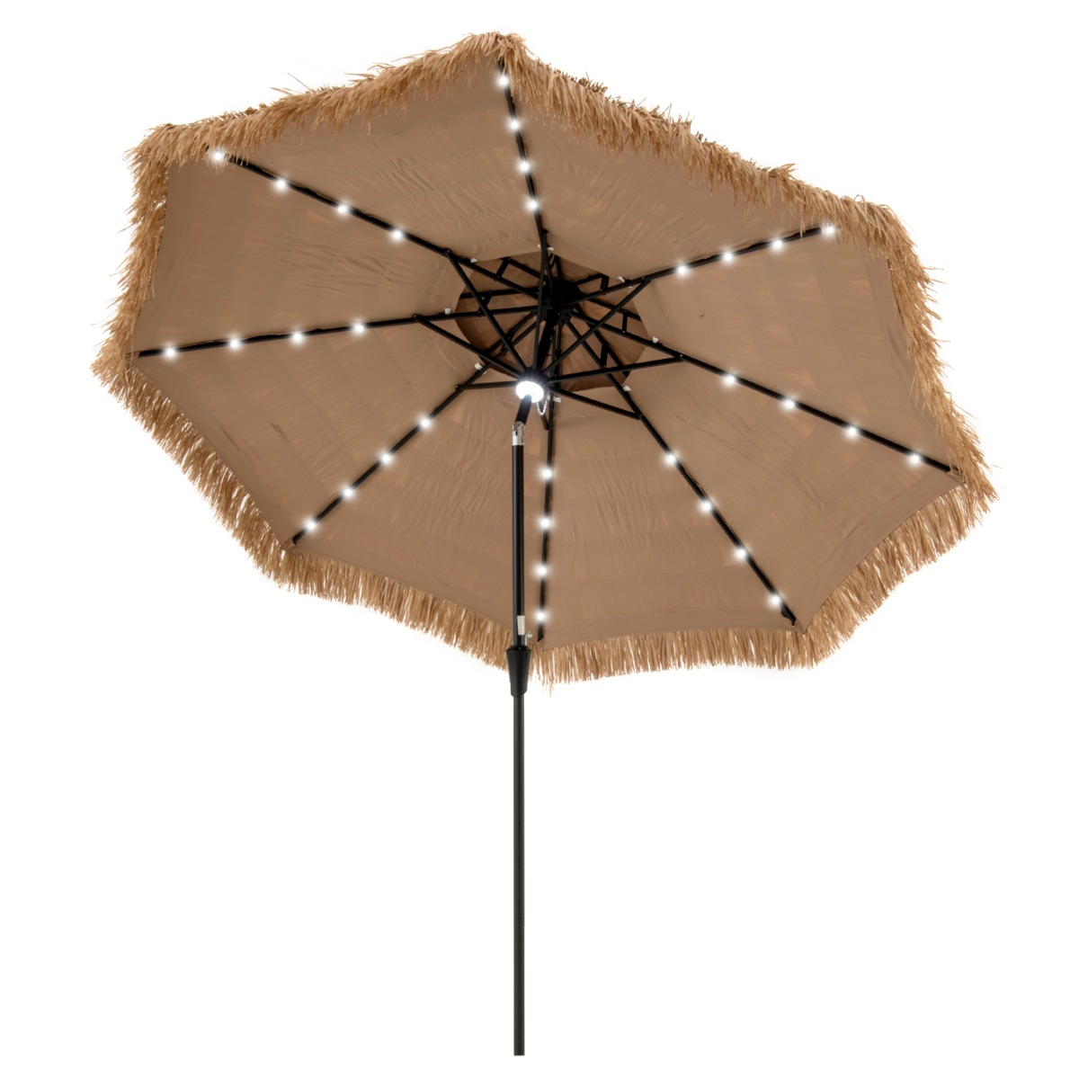 Costway 313 cm Sombrilla con Luces LED Inclinación Manivela Estilo Hawaiano Paja de PE