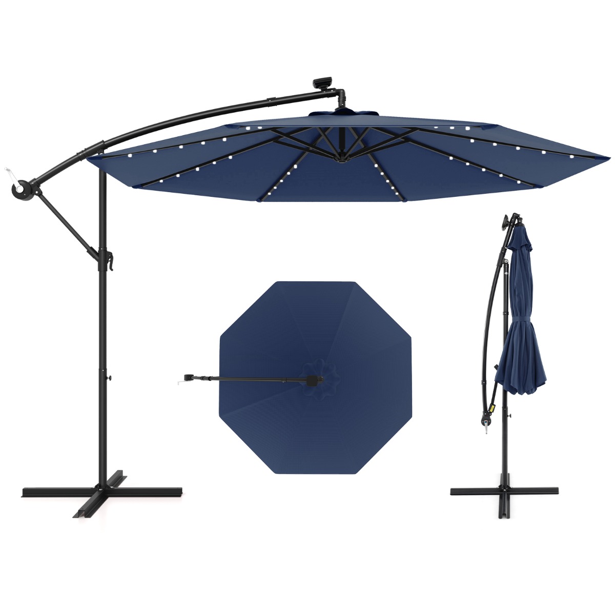 Costway 3M Sombrilla Colgante Solar con 40 Lámparas Panel Solar Ajuste de Inclinación Base Cruzada Sombrilla Iluminada para Patio Jardín