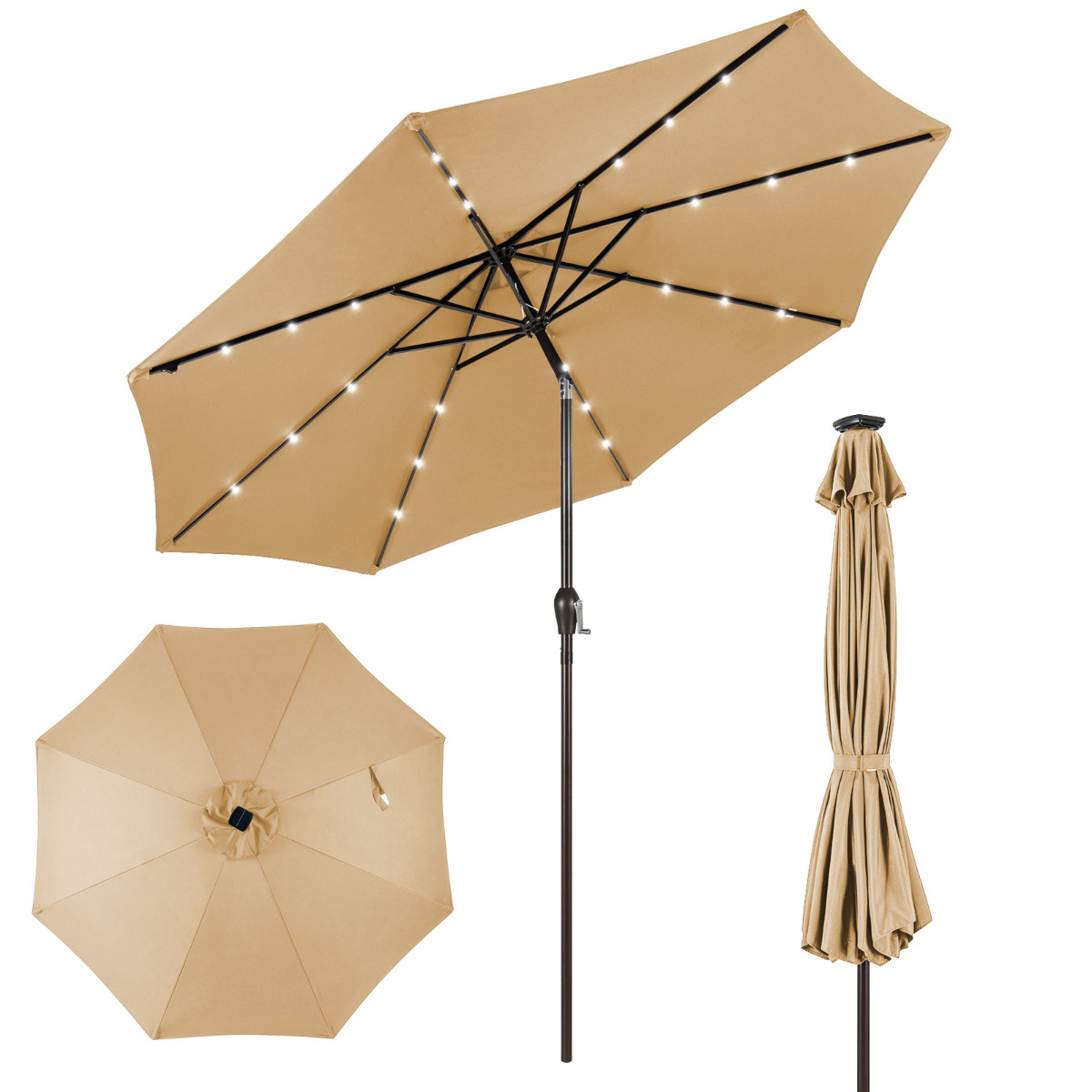 Costway 3M Sombrilla Solar de Playa Plegable con 24 Luces LED Parasol Inclinable con Manivela 8 Costillas para Jardín Patio Balcón