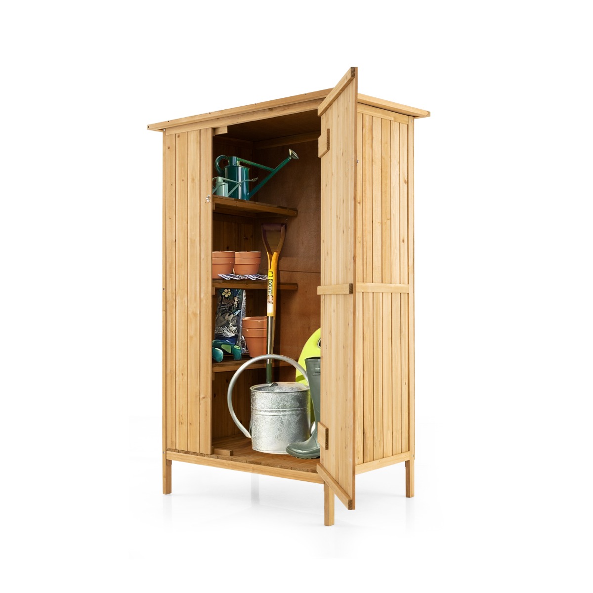 Costway Armario de Almacenamiento Exterior de Madera de 150 × 90cm con Techo de Asfalto 3 Estantes Puerta con Cerradura 5 Ganchos Natural