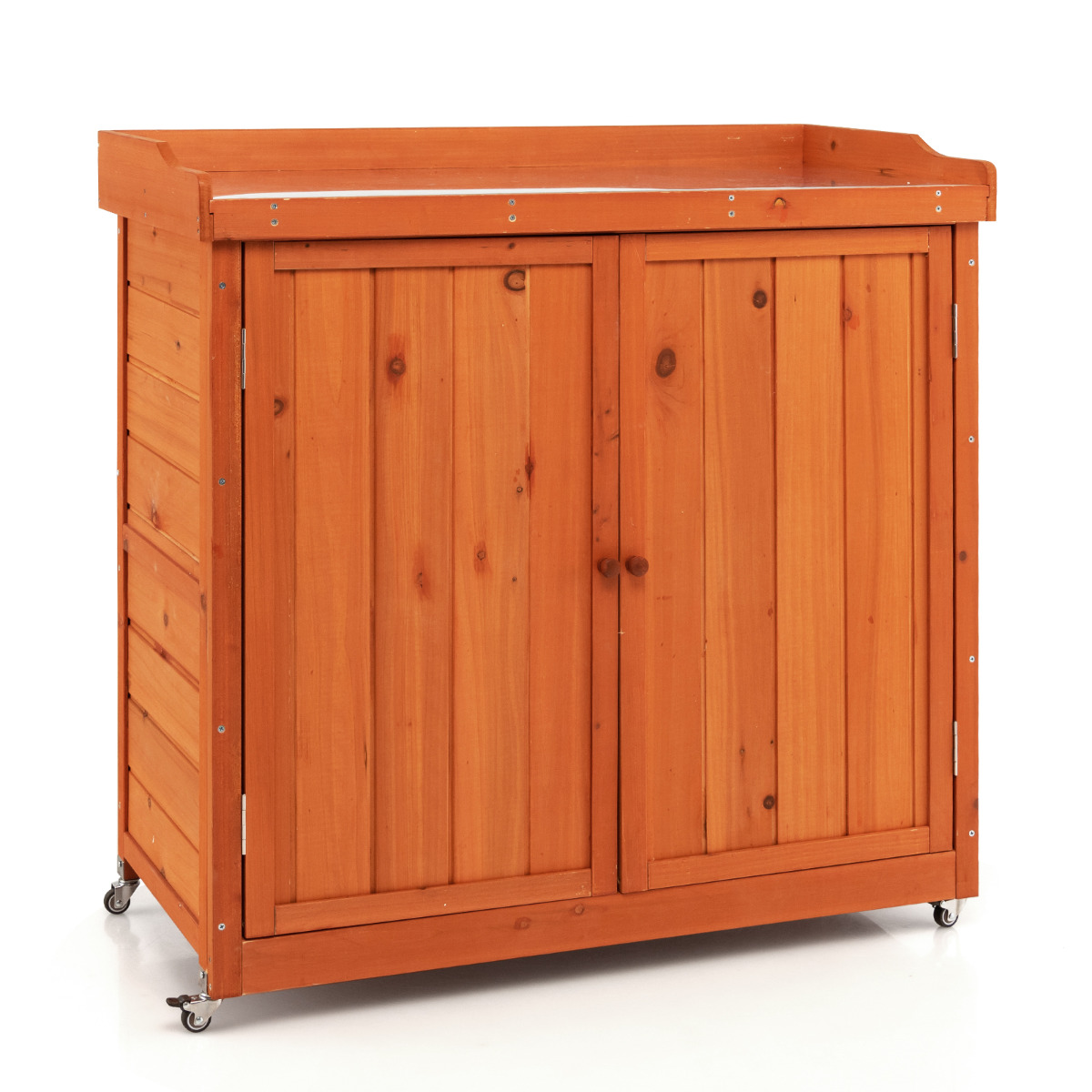 Costway Armario de Madera de Exterior Caseta de Jardín con Estante Extraíble 4 Ruedas Universales Estación de Trabajo 98,5 x 48 x 100 cm Natural