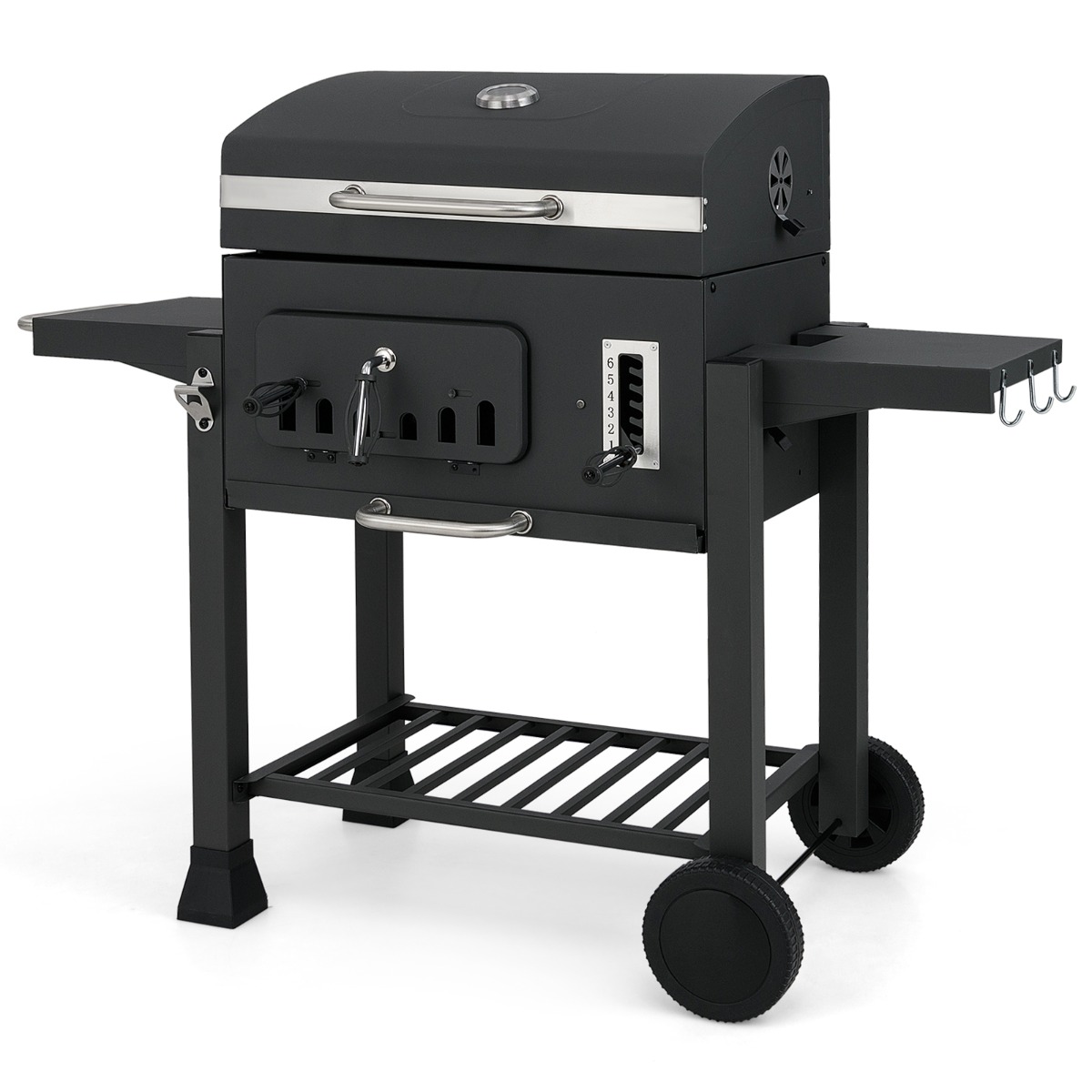 Costway Barbacoa Carbón XXL Barbacoa Portátil Tapa 2 Mesas Laterales Plegables 3 Ganchos 2 Ruedas y Abridor de Botellas 132 x 57 x 106 cm Negro