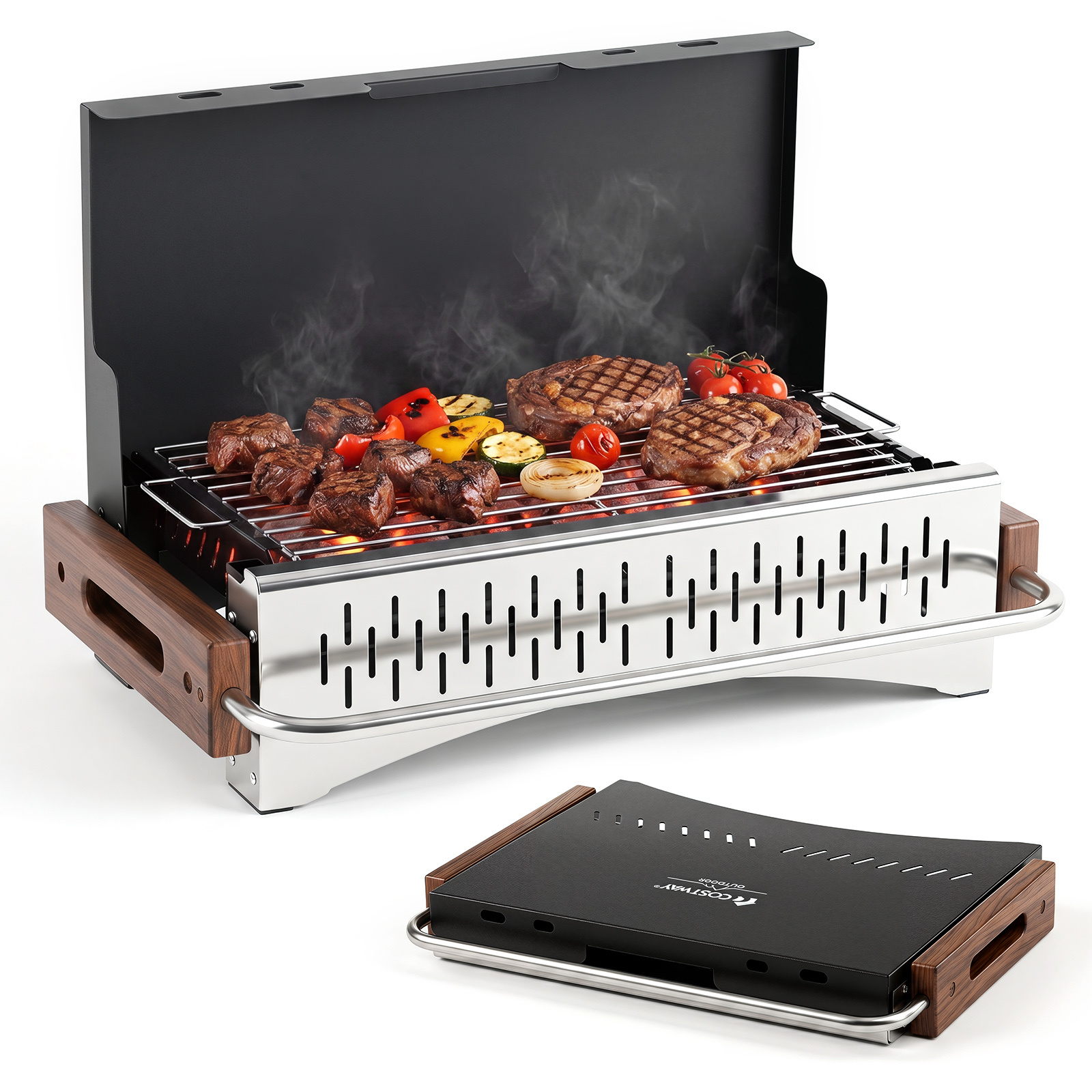 Costway Barbacoa de Carbón de Mesa Plegable Portátil con Ventilación Rejilla para Jardín Picnic 51 x 33,5 x 33,5 cm Negro Marrón Plateado