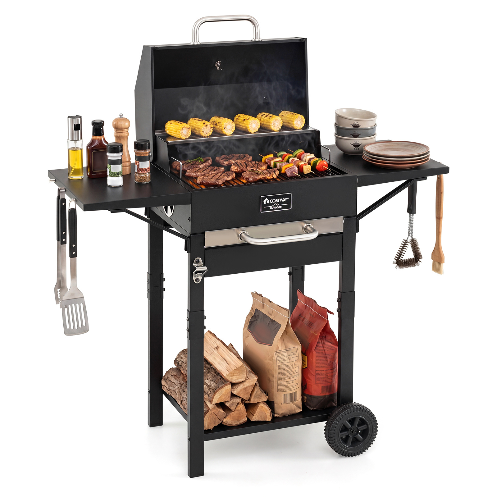 Costway Barbacoa de Carbón Portátil con Tapa Ruedas 2 Mesitas Doble Rejilla 6 Ganchos Termómetro para Camping Picnic 110 x 43,5 x 104,5 cm Negro Plata