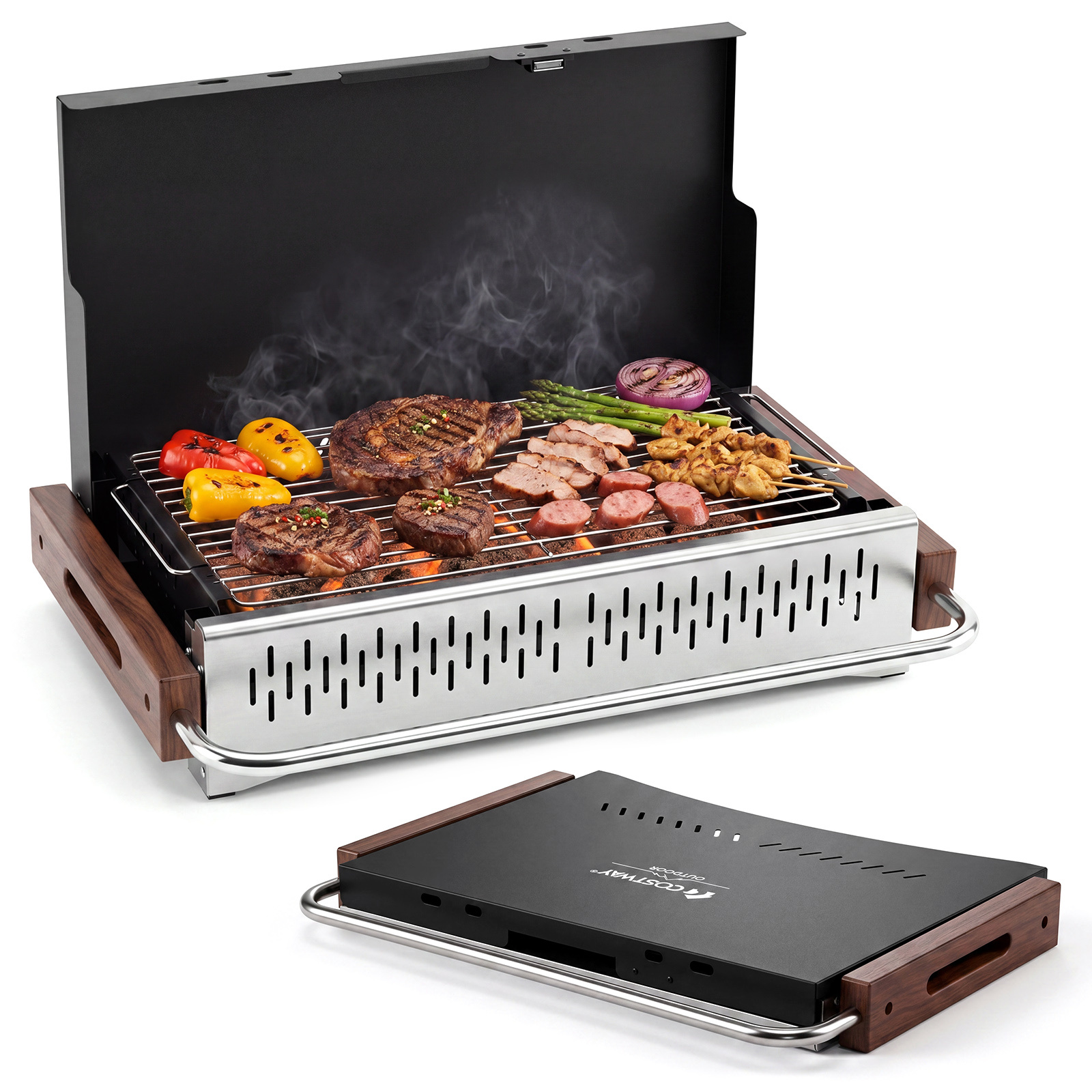 Costway Barbacoa de Carbón Tamaño Grande Portátil de Mesa Plegable con Rejilla Ajustable y Orificios Ventilación para Jardín Acampada Negro Marrón Plateado