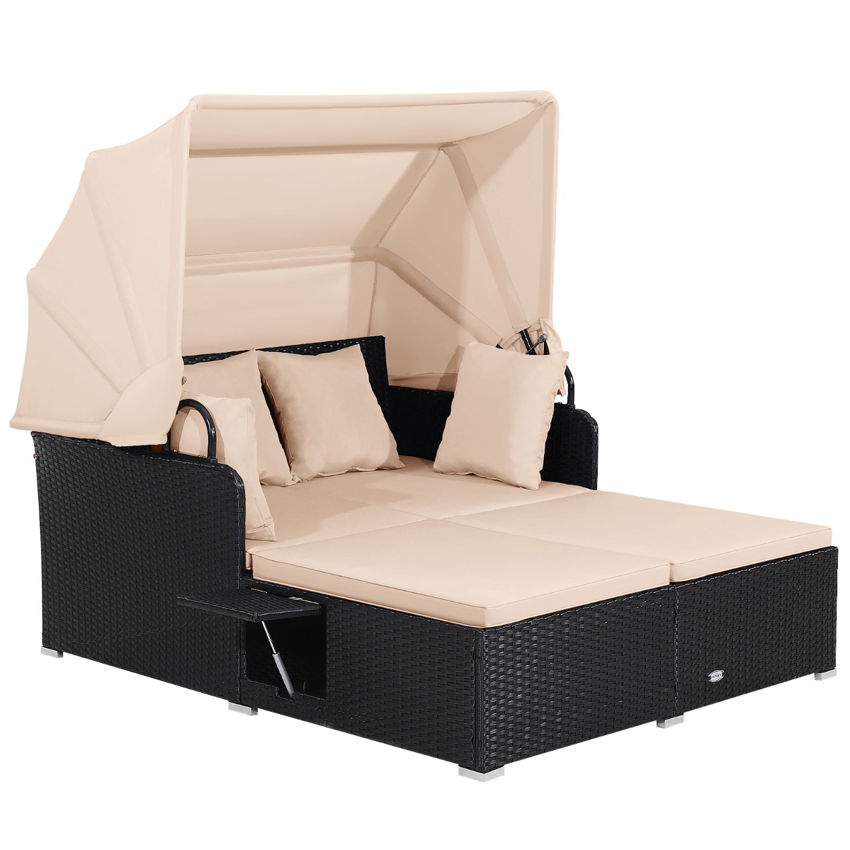 Costway Cama Doble de Día de Ratán para Patio Tumbona con Cojines 2 Paneles Laterales Plegables para Jardín Patio Porche