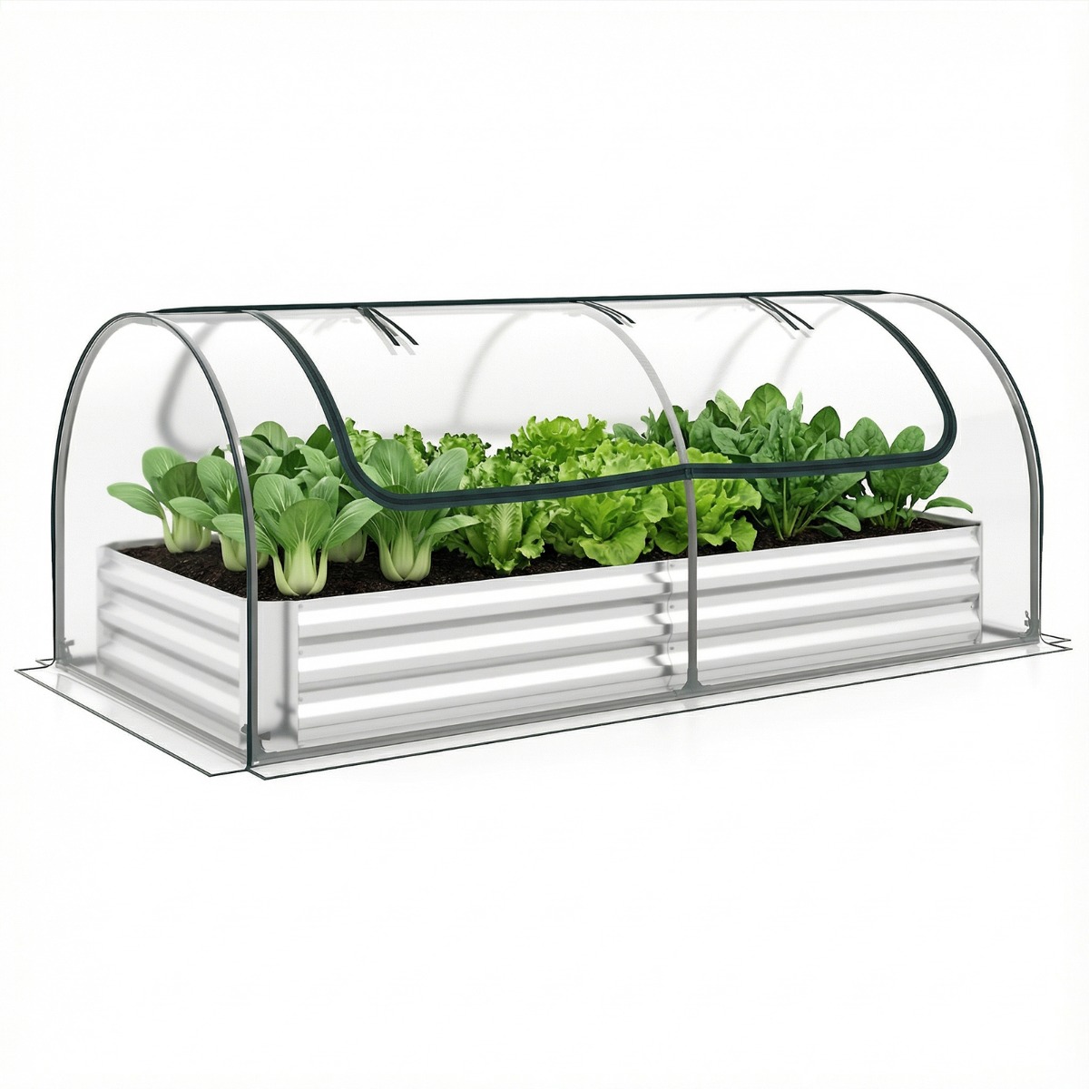 Costway Cama Elevada para Jardín Galvanizada con Cubierta Mini Invernadero y 2 Puertas Enrollables para Hierbas Vegetales Frutas