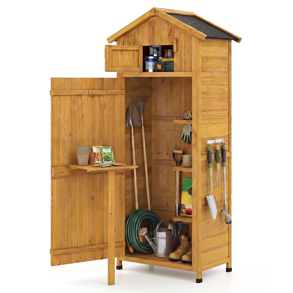 Costway Caseta Almacenamiento Jardín Madera Puerta Cerradura Estantes Removibles Mesa Lateral Plegable Techo Asfalto Herramientas