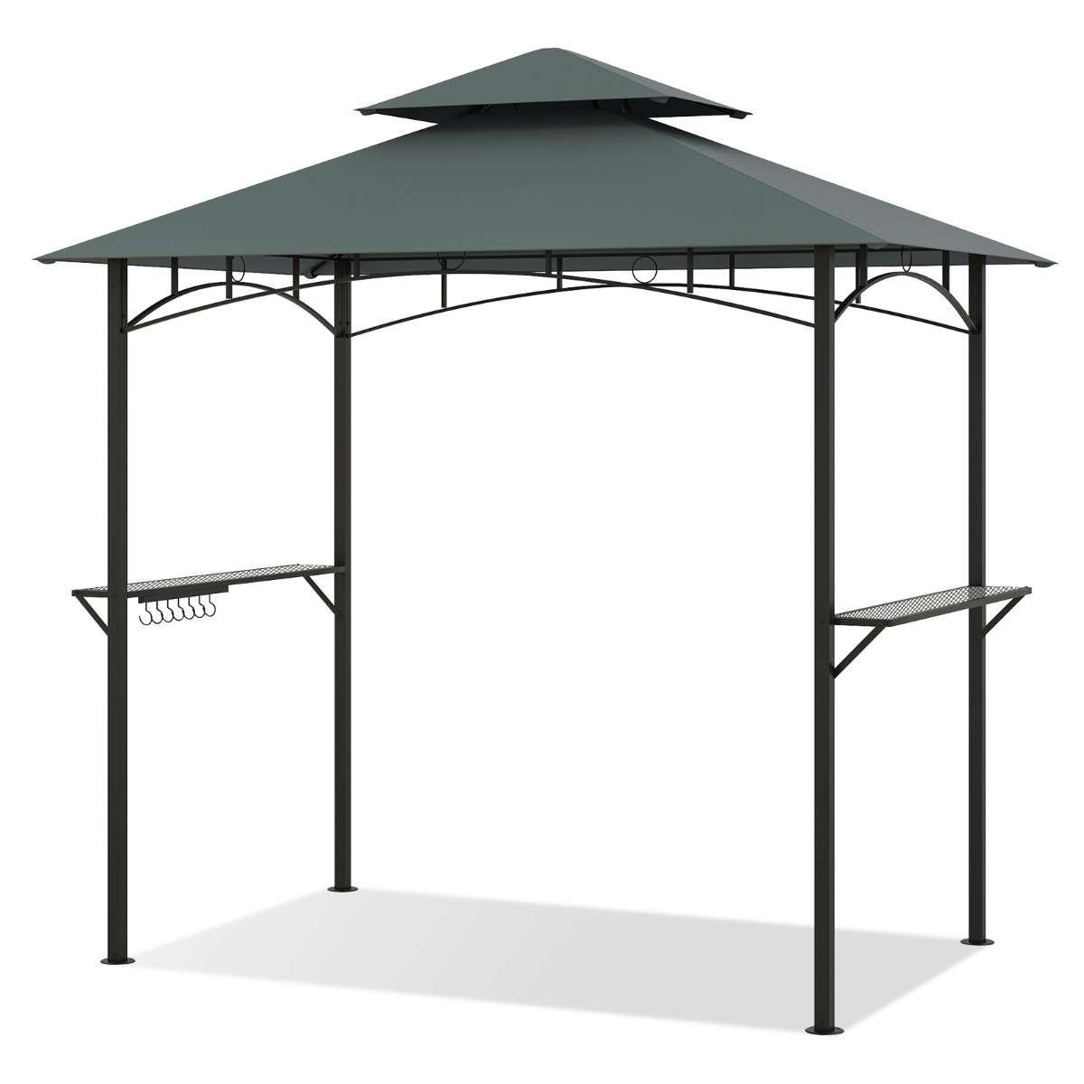 Costway Cenador para Parrilla de Doble Nivel con 2 Estantes y 7 Ganchos Estructura Metálica Toldo Suave para Jardín Terraza Gris