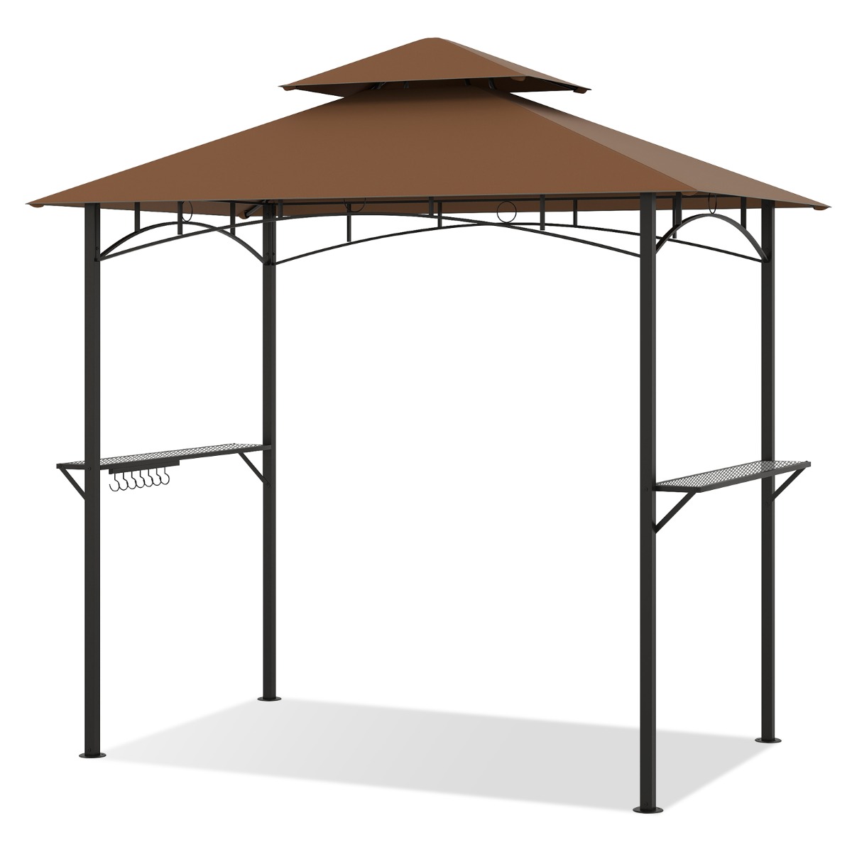 Costway Cenador para Parrilla de Doble Nivel con 2 Estantes y 7 Ganchos Estructura Metálica Toldo Suave para Jardín Terraza Marrón