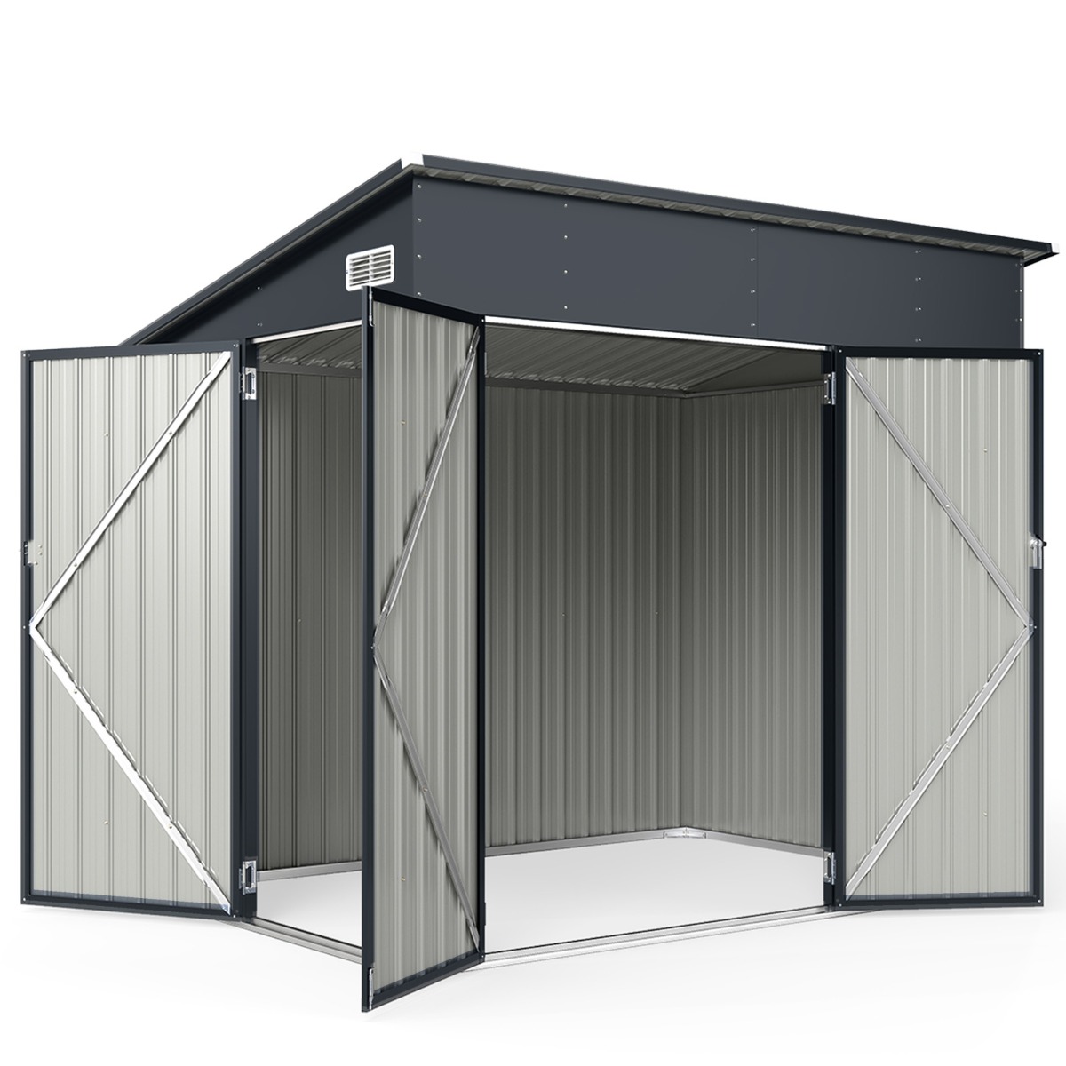 Costway Cobertizo de Almacenamiento de Jardín con 3 Puertas Cerradura y Techo Inclinado Acero Galvanizado para Herramientas y Bicicletas Gris Oscuro