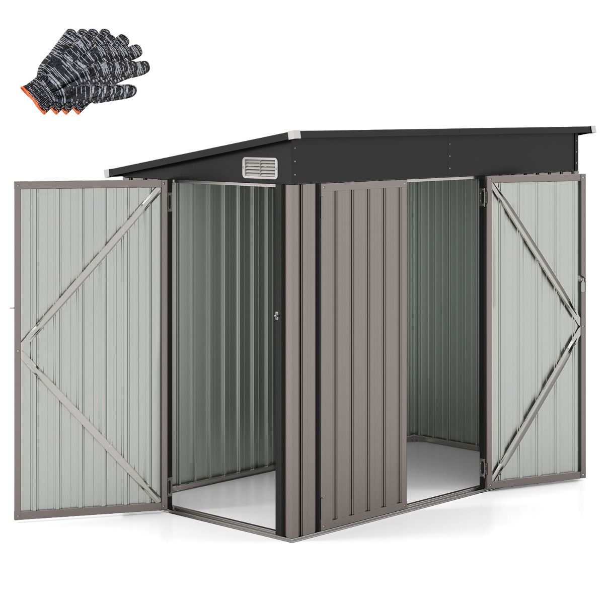 Costway Cobertizo de Almacenamiento Exterior Casa de Herramientas con 2 Puertas Techo Organizador para Jardín Patio 235 x 117 x 185 cm Gris Claro