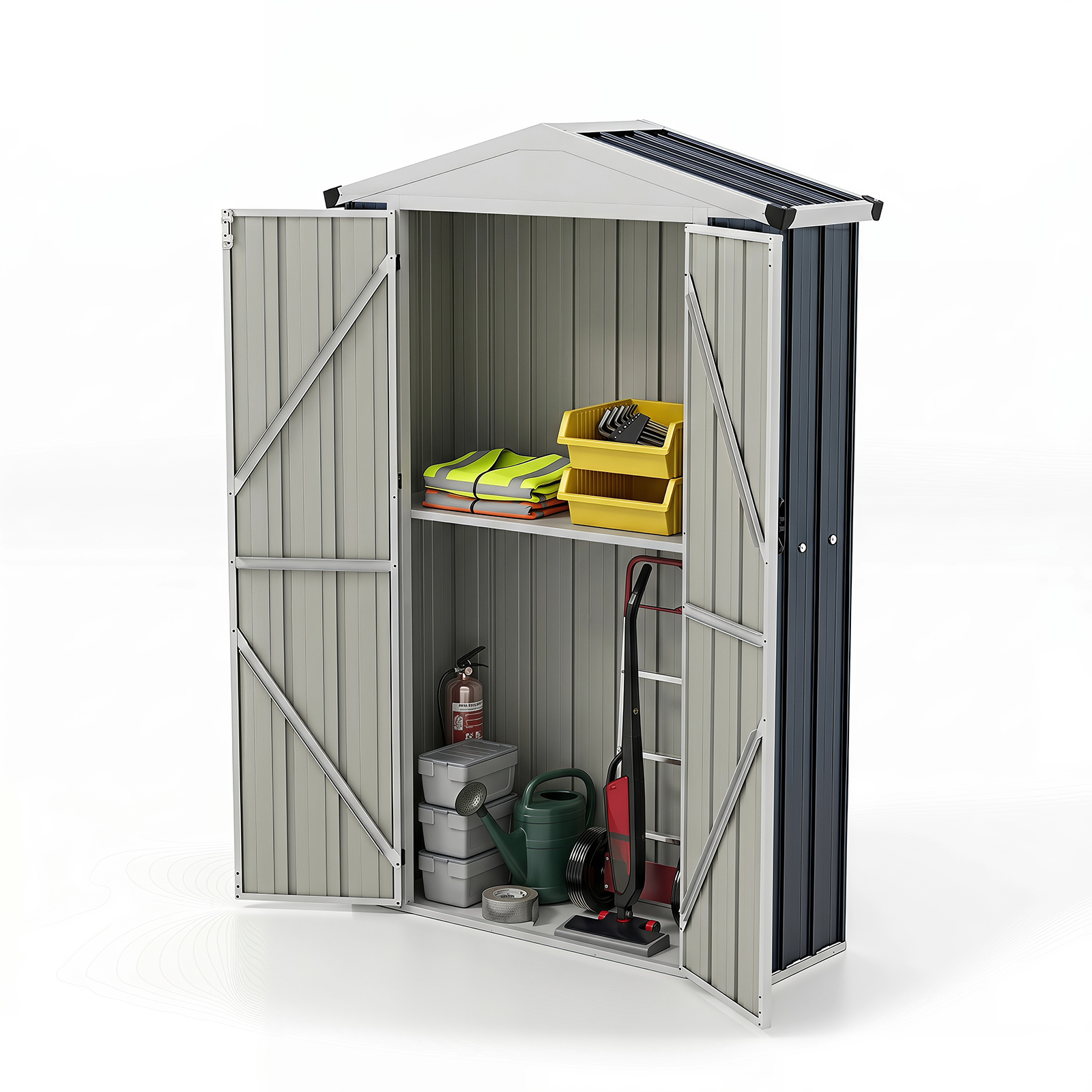Costway Cobertizo de Almacenamiento Exterior de Metal Galvanizado con Puerta y Cerradura Resistente al Agua para Jardín 126 x 41 x 185 cm Gris