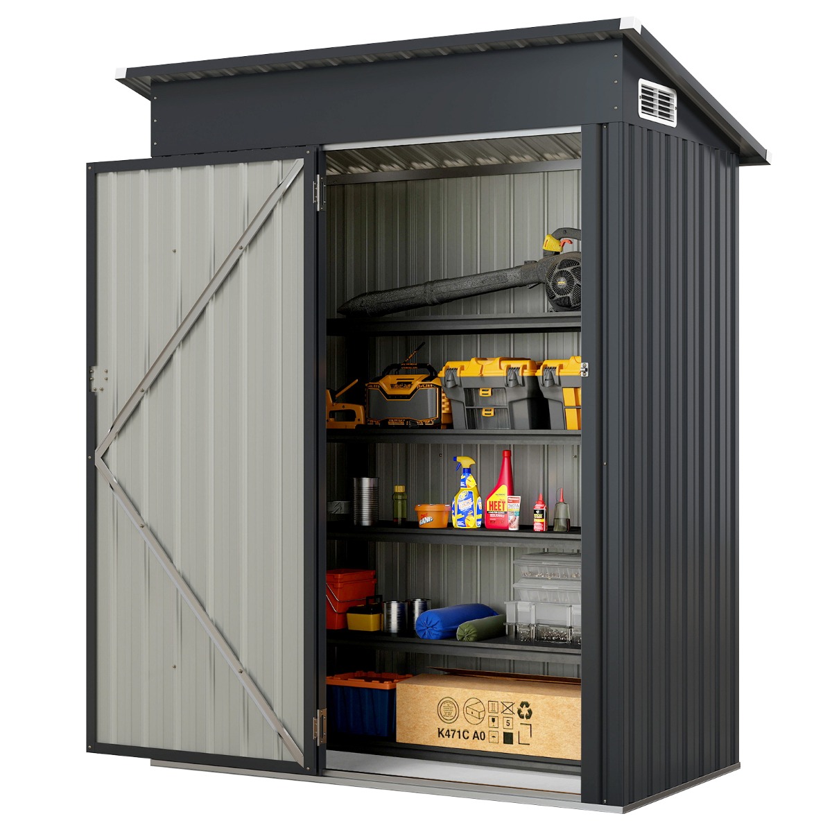 Costway Cobertizo de Almacenamiento para Todas las Climas Casa de Herramientas con Techo Inclinado Puerta para Exterior 150 x 90,5 x 185 cm Gris