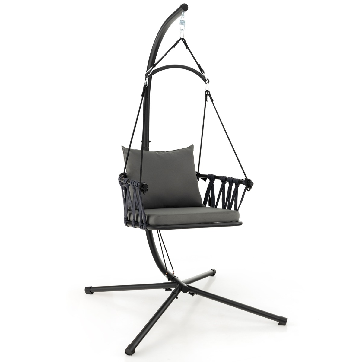 Costway Columpio Colgante con Soporte Acogedores Cojines para Asiento Respaldo Estructura de Metal Inoxidable Respaldo Tejido para Patio Gris