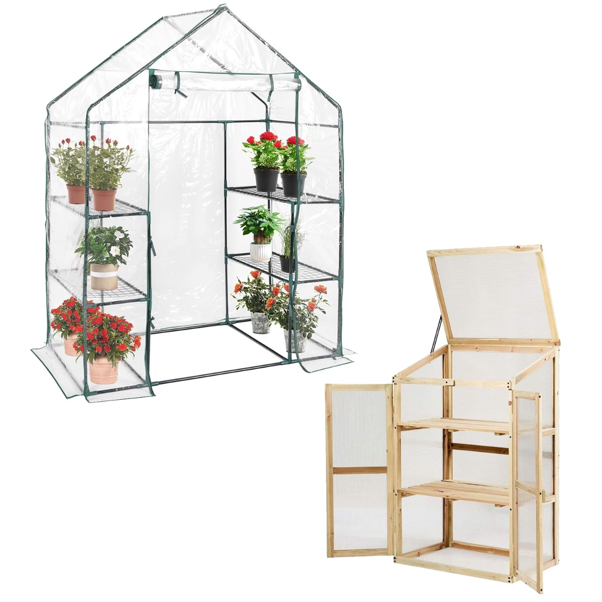 Costway Combinación de Invernadero Tipo Cobertizo y Invernadero de Madera Elevado con Estantes para Protección y Cultivo de Plantas en Jardín
